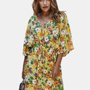 Casual Floral Print V-neck Drawstring Waist Shirt Dress XL
